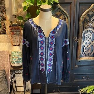 Tolani Cotton Retro Navy Blue Embroidered peasant top - puff balloon sleeves